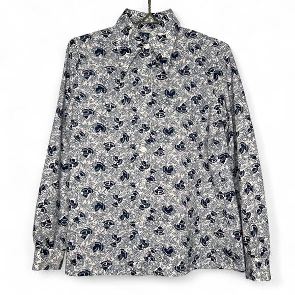 Vintage 70s Womens Size Large Blue White Dart Collar Blouse Top Retro Secretary - Picture 1 of 6